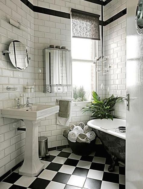 10 Gorgeous Black and White Bathrooms for a Vintage Look – The Colorado Nest Claw Foot Bathtub, Black And White Bathroom, Black White Bathrooms, White Bathroom Tiles, Bathroom Color Schemes, White Subway Tiles, Victorian Bathroom, Black And White Tiles, Bathroom Color