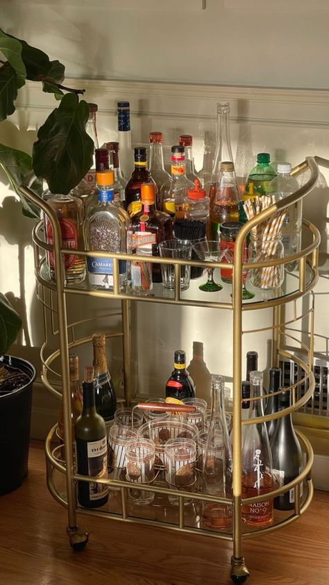 Drinks Corner, Alcohol Corner Home, Snack And Drink Station, At Home Cocktail Bar, Wine Bar Apartment, Bar Cart Set Up Ideas, Vintage Bar Cart Aesthetic, Aesthetic Bar Cart Styling, Drink Trolley Ideas