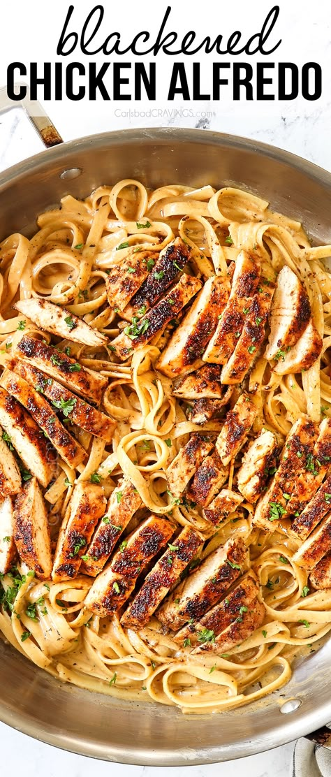 Quick and easy Blackened Chicken Alfredo exploding with juicy, Cajun spice rubbed chicken and creamy Parmesan pasta on your table in 30 minutes! #recipes #recipeoftheday #recipeideas #recipeseasy #recipesfordinner #dinner #dinnerrecipes #dinnerideas #dinnertime #easyrecipe #easydinner #30minutemeals #30minutemeals #blackenedchicken #chicken #chickenrecipes #chickenpasta #pasta #alfredo #fettuccinealfredo #chickenalfredo #pastarecipe #pastarecipes #garlic #Parmesan Grilled Chicken Alfredo Recipe, Grilled Chicken Alfredo Pasta, Pasta Alfredo Receta, Chicken Fettucini, Pasta Alfredo Con Pollo, Blackened Chicken Pasta, Carlsbad Cravings Recipes, Blackened Chicken Alfredo, Chicken Alfredo Recipe