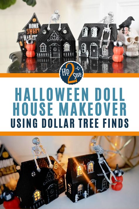 Turn a Dollar Tree doll house into a spooky DIY Halloween decoration using spray paint and affordable craft supplies. This Halloween craft is fun and affordable to make! Dollar Store Haunted House Ideas, Dollar Store Doll House Halloween, Dollar Tree Halloween Doll House Diy, Dollar Tree Dollhouse Makeover Halloween, Dollar Tree Doll House Halloween, Dollar Tree Halloween House, Dollar Tree Doll House Makeover, Dollar Tree Dollhouse Halloween, Diy Creepy Dolls