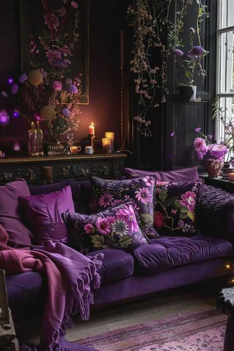 29 Dark Boho Living Room Ideas 21 Dark Purple Living Room, Witchy Living Room, Purple Living Room Ideas, Dark Boho Living Room, Mystical Decor, Boho Living Room Inspiration, Dark Palette, Purple Living Room, Boho Living Room Ideas