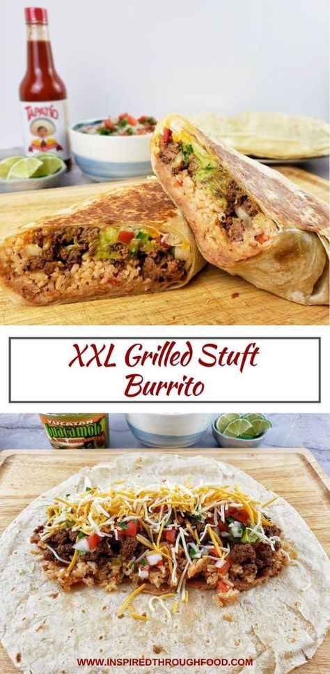 two different views of mexican burritos on a cutting board