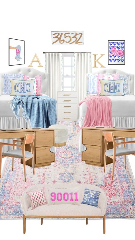 #dormroomdecor Bama Rush Dorm, Pink Blue And White Dorm Room, Color Schemes For Dorm Rooms, Dorm Room Inspiration Aesthetic, Dorm Room 2024, Form Room Ideas, Dorm Aesthetic Ideas, Pink And Blue Dorm Room, Dorm Rooms Ideas