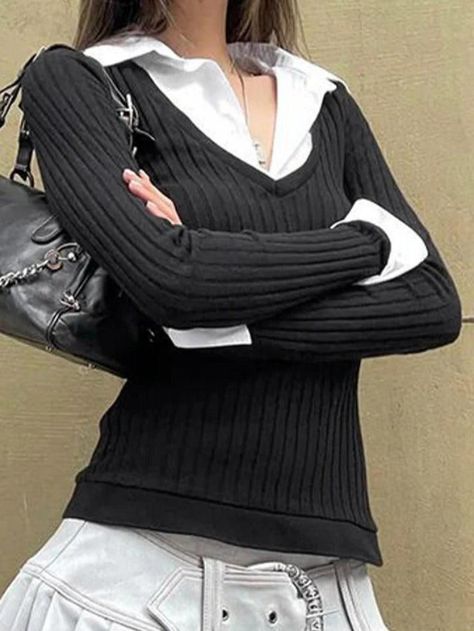 2023 Buy Polo Neck Splice Fake Two Piece Long Sleeve Knit under US$22 in Tops&Tees Online Store. Free Shipping with US$69+. Check reviews and buy it today. Style: Casual/Street/Vintage/Hip Pop/Preppy Fabric Content: Cotton Fit Type: Slim Fit Neckline: Polo Neck Sleeve Length: Long Sleeve #vintage #vintagestyle #blackfriday #christmas #fall #fallfashion #winter #streetstyle #outfits #ootd #trendyoutfits #fashionista #casualoutfits #knitting #crochet #knit #longsleeve Women Kpop, Number Top, Preppy Mode, Patchwork Crop Top, Autumn Clothing, Office Siren, Estilo Preppy, College Style, Dream Style