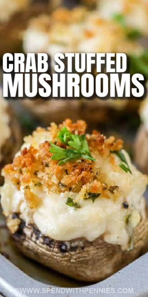 Crab stuffed mushrooms can be prepared in advance and frozen. Perfect for potlucks or a quick snack. They can be cooked right from frozen but you will need to adjust the cooking time. #spendwithpennies #easyappetizer #stuffedmushrooms #partyfood #potluck Crab Stuffed Mushroom Caps, Giada At Home, Mushroom Appetizers, Crab Stuffed Mushrooms, Creamy Crab, Crab Stuffed, Panko Crumbs, Stuffed Mushroom, Crab Recipes