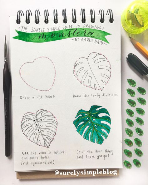 How to Draw // Monstera Delicious Plant- step by step on how to draw this! Deliciosa Plant, Plant Sketches, Plant Doodle, Leaf Drawing, Heart Drawing, Monstera Plant, 수채화 그림, Plant Painting, Plant Drawing