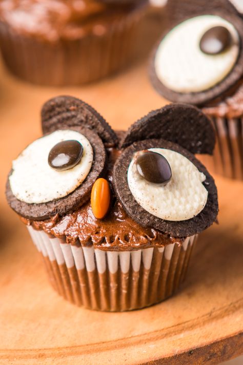 Owl Themed 2nd Birthday Party, Owl Food Art, Back To School Baking Ideas, Owl Pull Apart Cupcake Cake, Owl Cupcakes Ideas, Owl Cupcakes With Oreos, Fun Birthday Cupcakes, Animal Muffins, Owl Cake Ideas