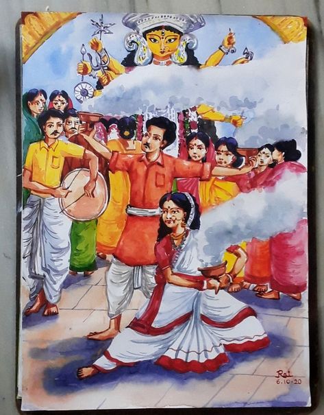 Best durga puja water color painting....#by RAI GHOSH Durga Puja Painting Composition, Bengali Durga Puja Drawing, Durga Puja Senary Drawing, Indian Festivals Painting, Festival Painting Watercolor, Durga Puja Festival Drawing, Durga Pooja Drawing, Festival Composition Drawing, Durga Pujo Drawings