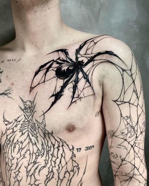 Cobweb Neck Tattoo, Gothic Spider Web Tattoo, Spider Abdomen Tattoo, Spider Torso Tattoo, Cobweb Tattoo Shoulder, Large Spider Tattoo, Spider Back Tattoo Men, Spider Gothic Tattoo, Spider Web Tattoo Sleeve