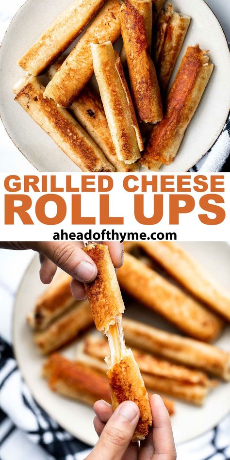 Grilled cheese roll ups are exactly what they sound like: a fun twist on a classic grilled cheese that gives you a hot handheld lunch to enjoy on its own or with a bowl or hot soup. Ready in under 15 minutes, these grilled cheese roll ups are the perfect kid-friendly lunch for back to school, as a last-minute meal on those weekdays when dinner escapes you, or as a midnight snack. These are a crowd favorite that will satisfy your cravings. | aheadofthyme.com #grilledcheeserollup via @aheadofthyme Rolled Grilled Cheese Sandwich, Baked Cheese Roll Ups, Grill Cheese Appetizer, Grilled Cheese School Lunch, Rolled Grilled Cheese, Grilled Cheese Crescent Rolls, Crescent Roll Grilled Cheese, Grilled Cheese Dippers, Grilled Cheese Roll Ups Air Fryer