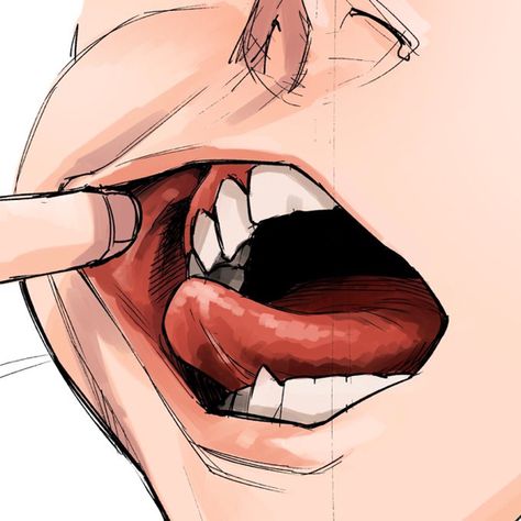 Yuto Sano Teeth, Yuto Sano Mouth, Mouth Open Drawing Reference, Fangs Drawing References, Teeth Reference Photos, Teeth Pose Reference, Anime Teeth Reference, Hand In Mouth Reference, Mouths Drawing Reference