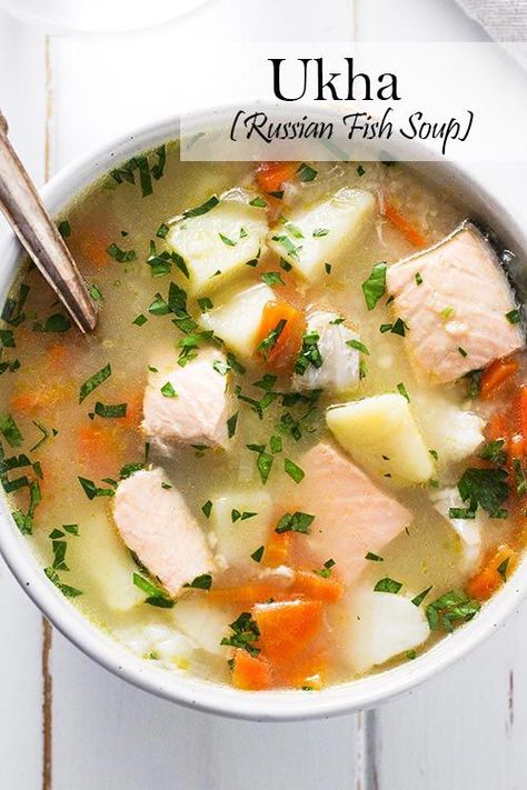 Ukha, Russian fish soup, is delicious and comforting. Fish is gently cooked with potatoes and carrots in a rich broth seasoned with bay and black pepper. #soup #russianfood | www.CuriousCuisiniere.com Russian Recipes, Fish Soup, Salmon Soup, Russian Dishes, Seafood Soup, Healthy Soup, Fish Dishes, Stew Recipes, International Recipes