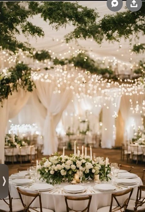 Small Chapel Decorations Wedding, Wedding Inspo Greenery, White Decor Wedding Receptions, Wedding Centerpieces White Flowers And Greenery, Simple Venue Decor, White Wedding Scheme, Romantic White Wedding Decor, Elegant Home Wedding, Champagne Green White Wedding