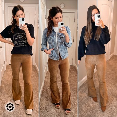 Aerie Velour Flare Pants, How To Style Suede Pants, Suede Pants Outfit Camel, Velour Flare Pants Outfit, Carmel Pants Outfit, Tan Suede Pants Outfit, Tan Flare Pants Outfit, Brown Suede Pants Outfit, Tan Corduroy Pants Outfit