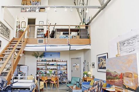 Sirima's Vintage Industrial Artist's Loft | Apartment Therapy California Loft Apartment, Live In Art Studio, Artists Apartment, Artist Loft Apartment, Artist Apartment, Artists Homes, Mezzanine Design, Home Art Studios, Live Work Studio