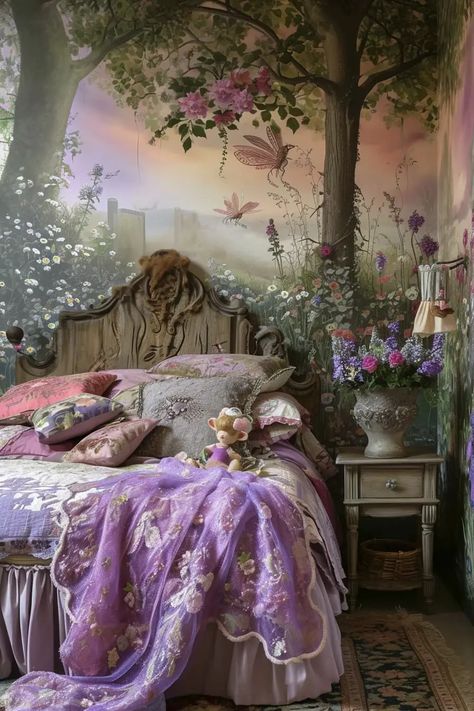 25 Magical Fairy Bedroom Ideas for a Touch of Whimsy - Roomy Retreat Fairy Decor Ideas, Whimsy Bedroom Decor, Pink Forest Bedroom, Magic Fairy Aesthetic, Enchanted Fairy Bedroom, Fairy Garden Girls Bedroom, Purple Fairy Room, Magical Room Ideas, Whimsical Bedroom Aesthetic