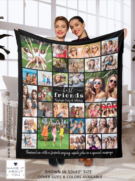 Create a BEST FRIENDS custom color photo memory keepsake blanket utilizing this easy-to-upload photo collage template with 30 square and rectangle pictures and personalized with your names and a personal message for a meaningful gift for your BFF or Besties. Keepsake Blanket, Collage Gifts, Birthday Photo Collage, Photo Collage Gift, Kids Fleece, Photo Collage Template, Collage Making, First Birthday Photos, Collage Template