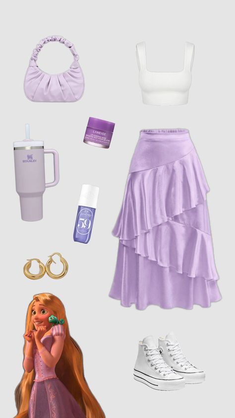 Tangled💜💜💜#princess #rapunzel #purple Rapunzel Rave Outfit, Disney Princess Outfit Ideas For Women, Sofia The First Inspired Outfit, Tangled Themed Outfit, Disney Bounding Tangled, Outfits Based On Disney Characters, Anna Outfit Ideas, Rapunzel Inspired Outfit Casual, Rapunzel Outfit Ideas Casual