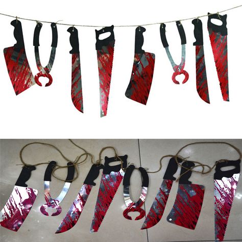 Halloween Bloody Weapons Garland Prop Decoration Blood Tools Saw Knife Hanging… Saw Halloween, Creepy Halloween Party, Haunted House Halloween Party, Scary Halloween Decorations Diy, Dekorasi Halloween, Halloween Office, Casa Halloween, Creepy Halloween Decorations, Spooky Halloween Party