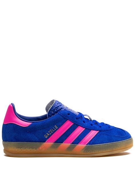 Shop adidas Gazelle Indoor "Blue/Lucid Pink" sneakers Pink And Blue Sambas, Blue And Pink Adidas, Blue And Pink Sambas, Colorful Womens Sneakers, Colored Sambas, Colorful Sambas, Red And Blue Shoes, Funky Sneakers, Bright Sneakers