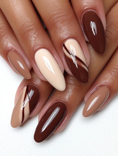 Brown French Manicure Almond, Cocoa Nails Design, Brown Almond Nails For Fall, Oval Nails Autumn, Brown Manicure, Fall Nail Art Ideas, Brown Nails Design, Fancy Nails Designs, Cute Gel Nails