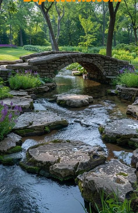 Backyard River Ideas, Garden Ponds With Waterfalls, Backyard Pond Landscaping, Natural Water Features, Backyard Streams, Rainy Backyard, Garden Bridge Design, Stream Elements, Backyard Stream