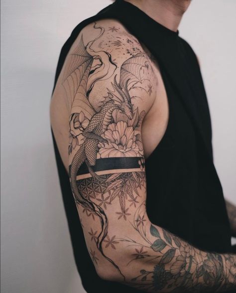 Men’s Floral Arm Tattoo, Floral Sleeve Tattoo For Men, Men's Half Sleeve Tattoo Ideas, Japanese Flower Sleeve Tattoo Men, Modern Half Sleeve Tattoo For Men, Nature Sleeves For Men, Floral Arm Tattoo Men, Flower Tattoos Sleeve Men, Men’s Floral Sleeve Tattoo