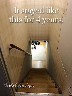 Basement stairwell in need of renovation. Bare Stairs Ideas, Wallpaper For Basement Stairs, Cellar Stairs Ideas Basements, Space Above Basement Stairs, Stair Loft Ideas, Narrow Stairs Decor, Stairs Down To Basement, Basement Staircase Wall Ideas, Basement Step Lighting