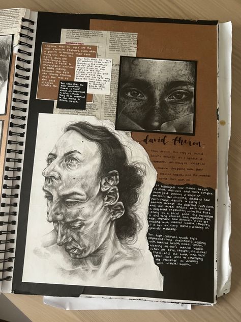 Portraiture Sketchbook Pages, David Theron Artist Research, Visual Arts Portfolio, Portrait Art Gcse Sketchbook Pages, A Level Art Research Page, Gcse Art Pages Layout, Natural Forms Artist Research, Gcse Art Projects, Henry Moore Artist Research Page