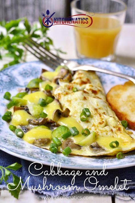 Entice your family to eat their veggies! Serve this Cabbage and Mushroom Omelet for breakfast and kick start your day to a healthy one! Cabbage Mushroom, Mushroom Omelet, Cabbage Egg, Recipe Cabbage, Mushroom Omelette, Meatless Monday Recipes, Eat Veggies, Edible Mushrooms, Napa Cabbage