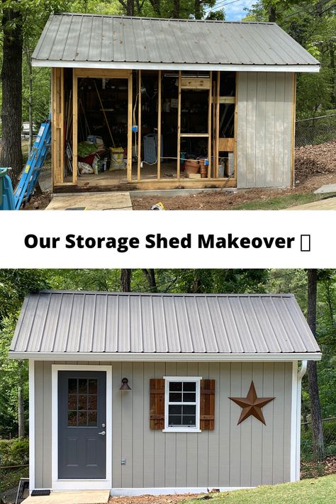 We renovated our storage shed. We had to replace a rotten floor, paint, install a door and window, and added cedar shutters. Our storage shed makeover can also be a sheshed or a garden shed. #storageshed #sheshed #gardenshed #makeover #exterior #ideas #remodel #renovation #repurposed #repair #redo #womencave #backyard #diy #design #cedarshutters #paint #doorinstallation Storage Shed Makeover, Shed Paint Colours, Woodworking Shed, Shed Exterior Ideas, Outdoor Storage Buildings, Shed Windows, Shed Makeover, Cedar Shutters, Diy Storage Shed