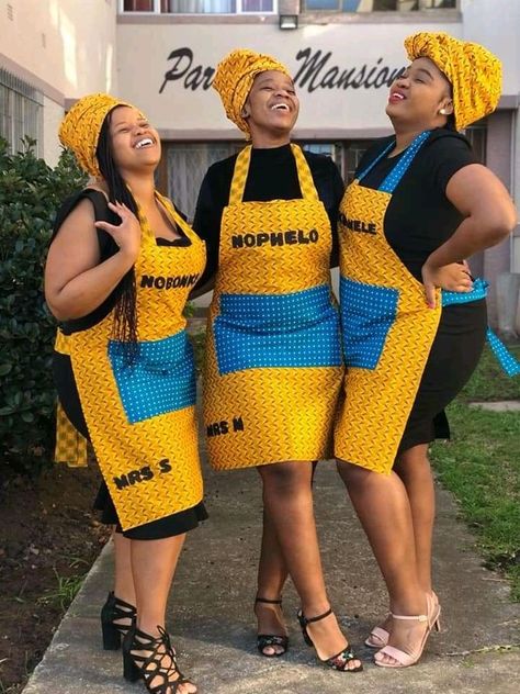 Makoti Dresses With Apron, African Traditional Aprons, Shweshwe Aprons, Xhosa Dresses, Sotho Traditional Dresses, Pedi Traditional Attire, South African Traditional Dresses, African Traditional Wear, Fashion Apron