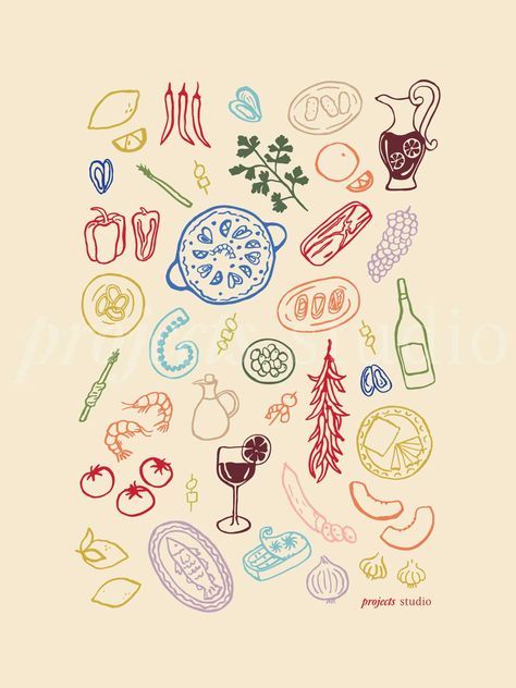 Spain Decor Spanish Style, Spanish Illustration Art, Easy Prints To Draw, Doodle Art Illustration, Cute Card Illustration, Spain Illustration Art, Hand Drawn Food Illustration, Hand Drawn Prints, Hand Drawn Illustration Style