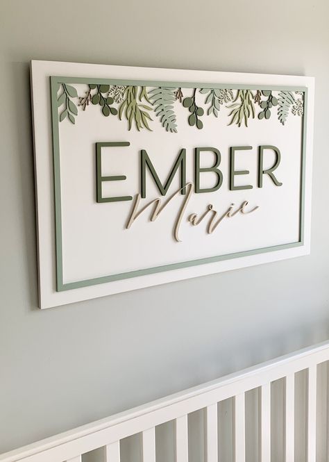 Leaf Nursery Theme, Baby Girl Nursery Room Ideas Neutral, Ivy Name Sign, Greenery Nursery Theme, Custom Name Signs For Nursery, Name Art For Nursery, Nursery Name Sign Ideas, Baby Names On Wall In Nursery, Over Crib Wall Decor