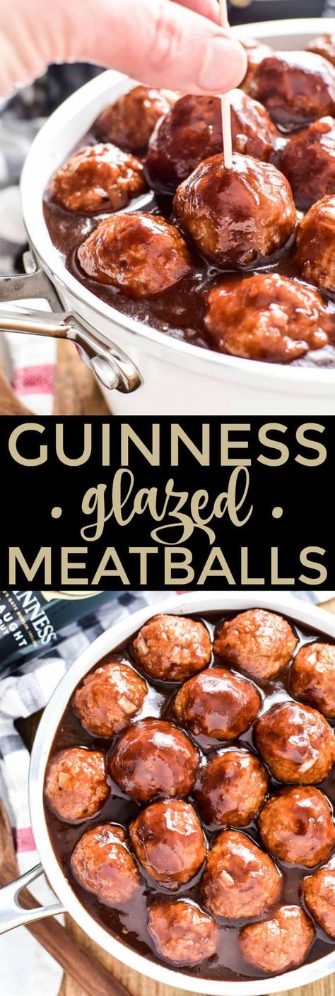 Guinness Glazed Meatballs are the ultimate St. Patrick's Day appetizer.  These easy homemade meatballs are infused with Guinness beer and smothered in a sweet and savory Guinness BBQ sauce. They make the perfect party appetizer, or you can serve them over mashed potatoes for a delicious St. Paddy's Day dinner.  Whether you're hosting a party or just planning an Irish-inspired meal at home, you're sure to love the delicious flavor in these Guinness Glazed Meatballs! Easy Homemade Meatballs, St Patrick's Day Appetizers, Guinness Recipes, Irish Desserts Traditional, St Patricks Food, Homemade Meatballs Easy, Glazed Meatballs, Desserts Ideas, St Patricks Day Food