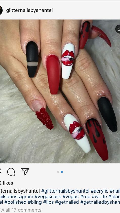 Red Lip Nails Design, Nails With Lips Design, Red Nails Coffin, Drip Nail Art, Nail Diamond, Gold Acrylic Nails, Silver Nail Art, Nails Yellow, Drip Nails