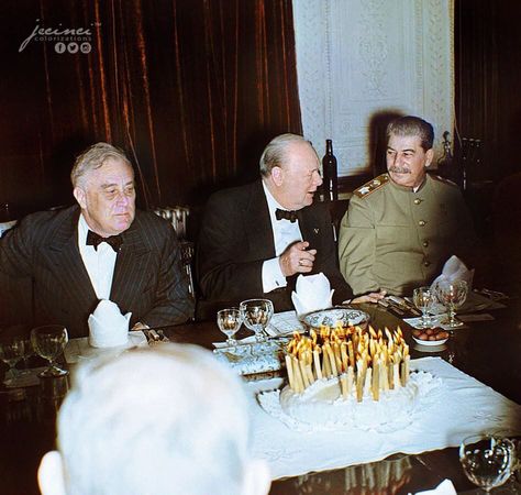 Winston Churchill celebrating his 69th Birthday on the 30 November 1943 during the Tehran Conference in Iran alongside Franklin D. Roosevelt and Joseph Stalin. Credit: @jecinci #churchill #roosevelt #stalin #history #uk #usa #sovietunion #ww2 #worldwar2 #iran Victorian Drawing Room, British Tattoo, Colorized Historical Photos, 69th Birthday, Red Cross Volunteer, Joseph Stalin, Franklin Roosevelt, John Lennon And Yoko, Winston Churchill