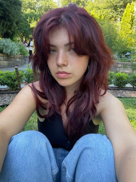 Curtain Bangs And Shag Haircut, Wolf Haircut Red Hair, Red Hair Color Wolfcut, Brown Roots Colored Hair, Purple Red Dark Hair, Haircut Inspo Short Hair, Red On Brunette Hair, Red Undertone Skin Hair Color, Curtain Bangs With Shag