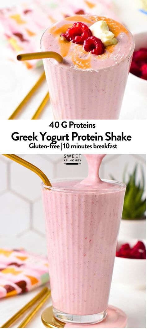 This Greek Yogurt Protein Shake is a deliciously creamy and smooth raspberry protein shake packed with 40 grams of proteins.The shake is also gluten-free and easy to adapt to create a range of protein shake flavors. Protein Shakes With Yogurt, Easy High Protein Shakes, Greek Yogurt Smoothie Protein, Dairy Free Protein Shake Recipes, Gerd Protein Shakes, High Protein Meal Replacement Shakes, Greek Yogurt Milkshake, Fruity Protein Shakes, Make Ahead Protein Shakes