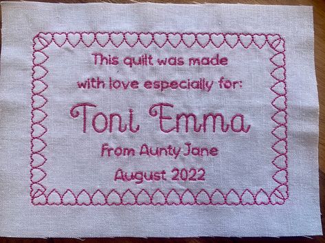 Heart Border Quilt Label. Made with love, your custom label will be a bespoke handmade quilt label made to complement your quilt. Message me for any help designing your thoughtful label which will honour your quilt for many years. A custom machine embroidered personalised quilt label is the perfect finishing touch to all your hard work.  This listing is for a delightfully simple quilt label with a sweet heart border, perfect for gifting a quilt to a loved one.  Size of stitched design is 6 inche Custom Quilt Labels, Giraffe Quilt, Embroidered Quilt Labels, Custom Woven Labels, Heart Border, Quilting Quotes, Patchwork Baby, Personalized Quilt, Wedding Quilt