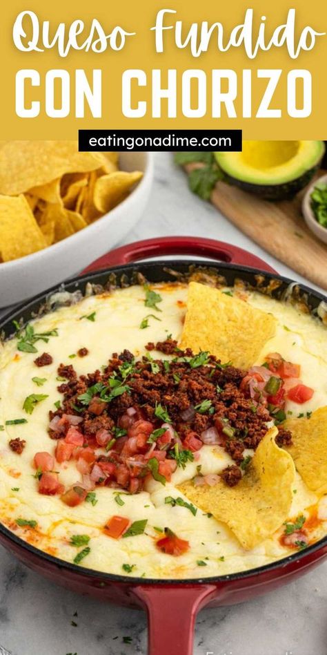 Mexican Cheese Dip Recipes, Queso Dip Crockpot, Queso Chorizo, Queso Fundido Recipe, Fundido Recipe, Homemade Queso, Queso Cheese Dip, Cheese Dip Mexican, Homemade Chorizo