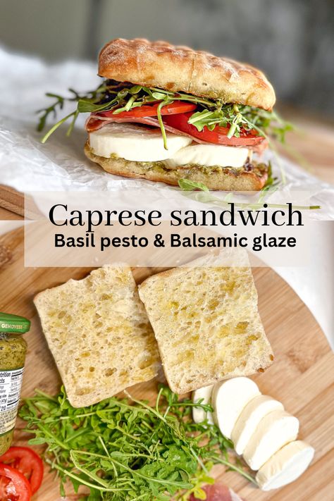 A pesto caprese sandwich with a balsamic glaze is my go-to sandwich on hot summer days when I don’t want my stove working! It’s also so simple to make using fresh ingredients that are in season such as fresh basil, juicy garden tomatoes, and my secret ingredient arugula! Tomato Caprese Sandwich, Sandwich Night Ideas, Mini Caprese Sandwich, Capri Sandwich, Feta Cheese Sandwich, Cold Dinner Ideas For Hot Days, Cold Sandwich Ideas, Hot Day Dinner Ideas, Sandwich Recipes Healthy