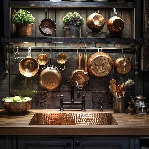 Rustic kitchen corner with wooden shelving, copper cookware, and potted plants, showcasing a blend of form and utility. Black White Green Copper Kitchen, Dark Green And Copper Kitchen, Pot Pan Organization, Copper Pots And Pans, Green Kitchen Walls, Rehab Addict, Wooden Shelving, Ideas Cocina, Above Sink