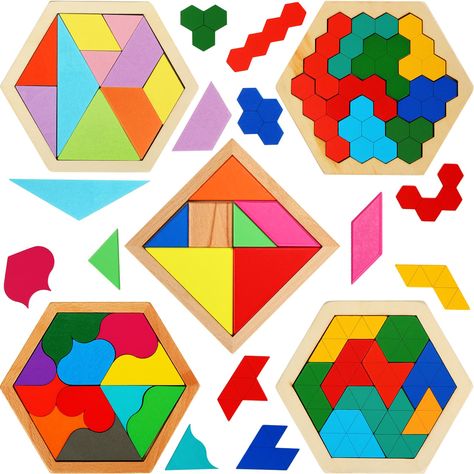 PRICES MAY VARY. Wooden Hexagon Puzzle for Kid: there are 5 packs of tangram puzzles with different designs and in different ways to play, equipped with detailed instructions, enough to pass the boring time on a long trip Enhance Kids' Ability: these brain teaser puzzles are designed to come with geometric shape pattern wood blocks, you can fill these blocks to the board to finish the puzzle with different solutions, hexagon puzzle can build early shapes and patterns recognition skills, simple d Wooden Shape Puzzle, Wooden Block Puzzle, Tangram Puzzles, Block Puzzle, Brain Teaser Puzzles, Shapes For Kids, Wooden Pattern, Brain Teaser, Creative Activities For Kids