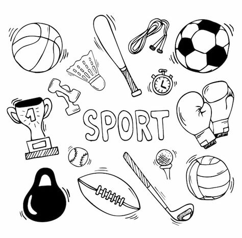 Vector hand drawn vector illustration se... | Premium Vector #Freepik #vector #sports-elements #sports-doodle #sports-equipment #sports-balls Sports Equipment Illustration, Sports Equipment Drawing, Sport Art Drawing, Sport Drawing Ideas Art, Sports Doodles, Sport Sketch, Sports Elements, Sport Drawing, Sports Illustrations Art