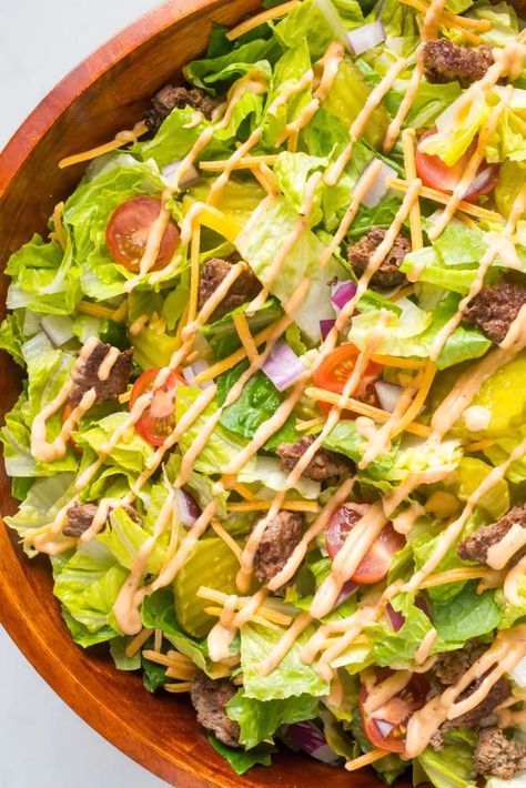 Hamburger Salad In Less Than 30 Minutes 1 Hamburger Salad, Gf Salads, Perfect Hamburger, Healthy Hamburger, Food Guilt, The Bun, Romaine Lettuce Salad, Special Sauce, Burger Sauce