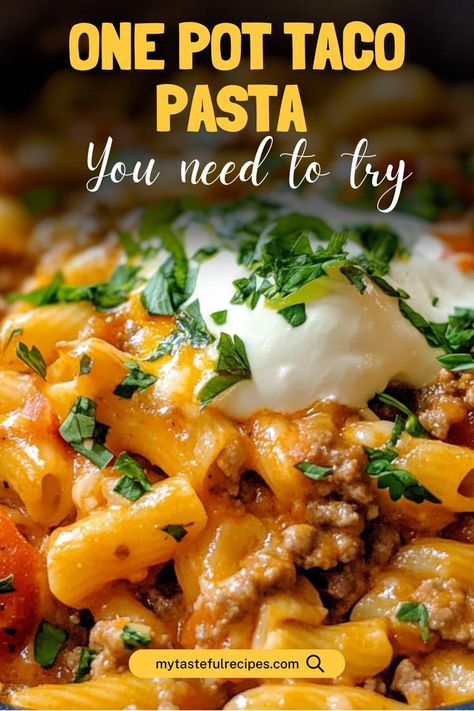 Enjoy a hassle-free dinner with this One Pot Taco Pasta! Packed with bold flavors and hearty ingredients, this dish combines all your favorite taco elements into a creamy, cheesy pasta that cooks in just one pot—perfect for busy nights! Taco Pasta With Velveeta, Mexican Taco Pasta, Crock Pot Taco Pasta, Taco Meat Recipes Leftover Easy, Ground Beef One Pot Meals, Supper Ideas For 2, Quick One Pot Meals, Chicken Taco Pasta, Creamy Taco Pasta