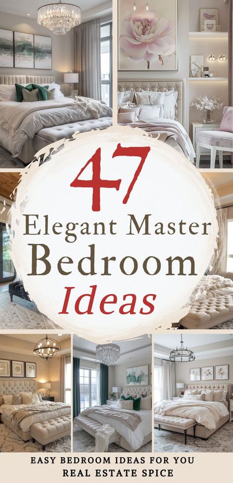 Elevate your master bedroom effortlessly with these 47 stunning design ideas, from elegant nightstands and sophisticated table lamps that enhance ambiance to luxury statement ceiling lights that draw the eye. You'll find plush bedding and decorative throw pillows that create a welcoming and cozy retreat for you. Stylish footrests provide the perfect finishing touch.  Get inspired to create a dreamy sanctuary you'll love! RealEstateSpice.com #BedroomInspiration Bed Throw Pillow Ideas, Formal Bedroom Ideas, Oasis Bedroom Ideas Inspiration, Luxurious Bedroom Decor Ideas, Beautiful Primary Bedrooms, Serene Master Bedrooms Decor, Stylish Bedroom Design Interiors, Bedroom Design Master Remodeling Ideas, Luxurious Bedding Ideas