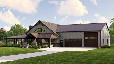 Barndominium House Plan - 4 Bedrooms, 3 Bath, 4314 Sq Ft Plan 104-345 Barndominium With Rv Garage, Corrugated Metal Siding, Barn Plan, House Plan With Loft, Wraparound Porch, Porch Plans, Rv Garage, Metal Siding, Country Style House Plans