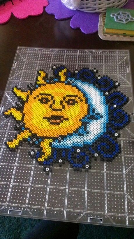 Sun and moon perler beads Grunge Perler Beads, Sunset Perler Beads, Sun And Moon Perler Beads, Large Perler Bead Art, Sun Perler Bead Pattern, Sun And Moon Fnaf Perler Bead, Festival Perler, Sun And Moon Perler Bead Pattern, Moon Perler Beads